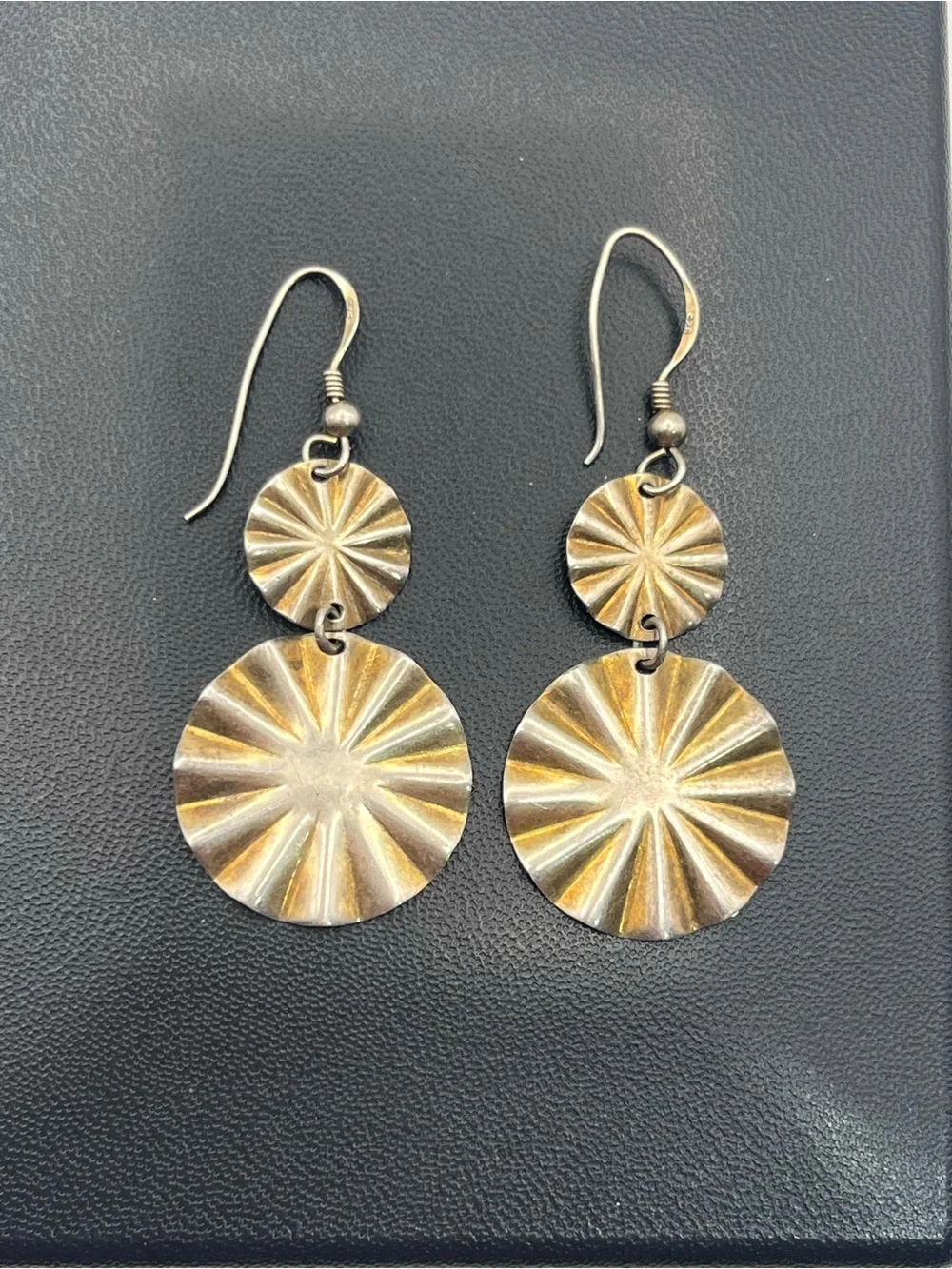 Gold washed sterling silver textured round scalloped dangle vintage earrings